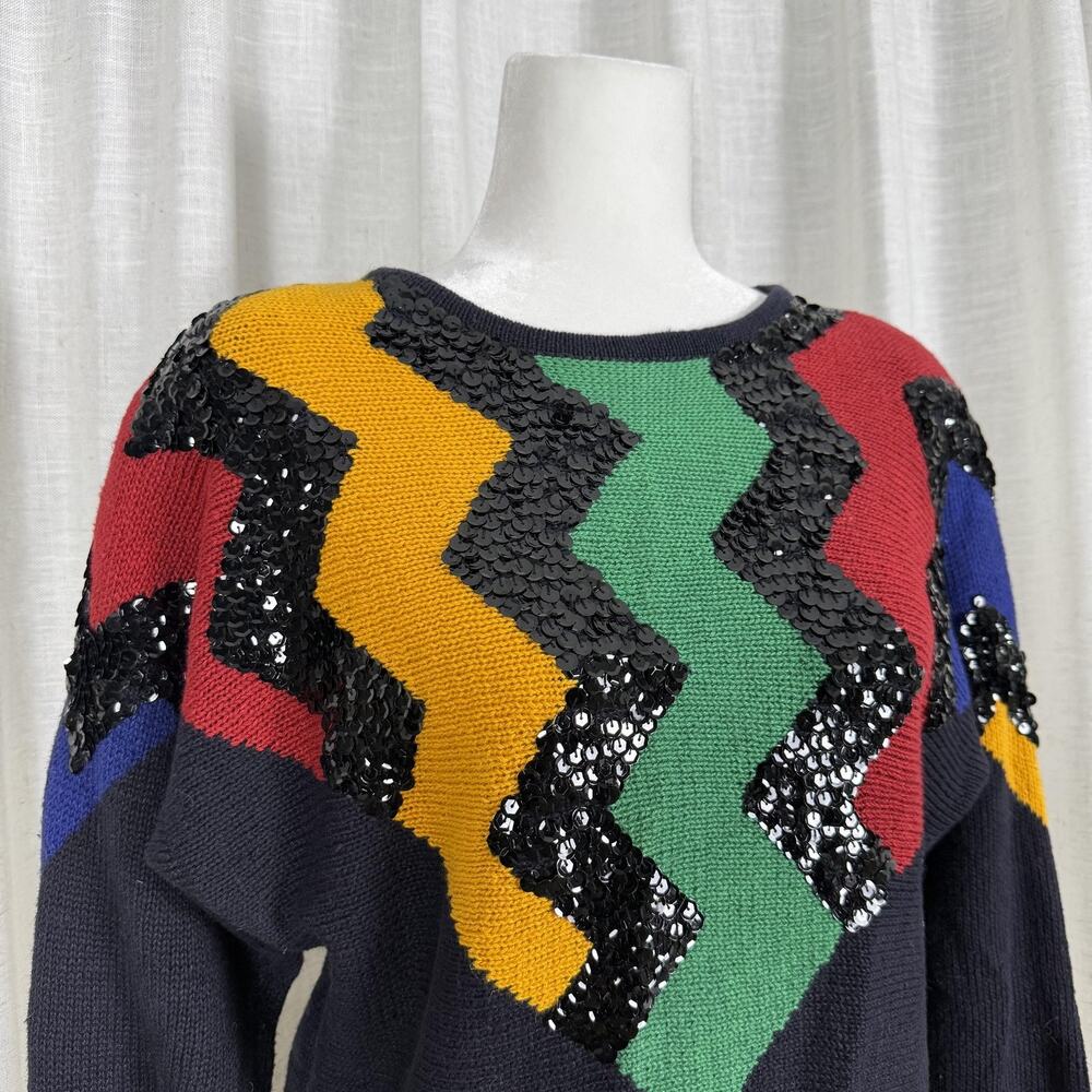 Vintage All Points By Reference Point Sweater Womens Large Multicolor Sequin 80s - Picture 2 of 8